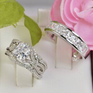 New His Hers Real 925 Princess Cut Wedding Engagement Ring Set
